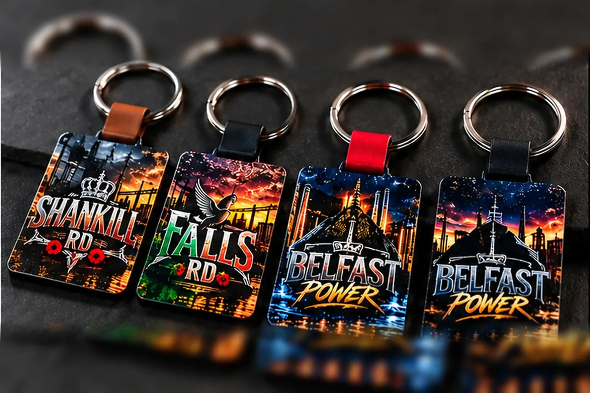 Custom UV Printed Leather Keyrings – Belfast Collection